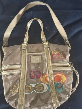 Coach Gold and Tan Signature Canvas Shoulder Bag with Colorful Graphic Accents